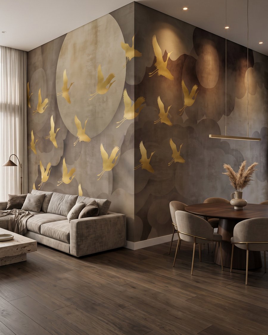 Luna e uccelli dorati in un ambiente