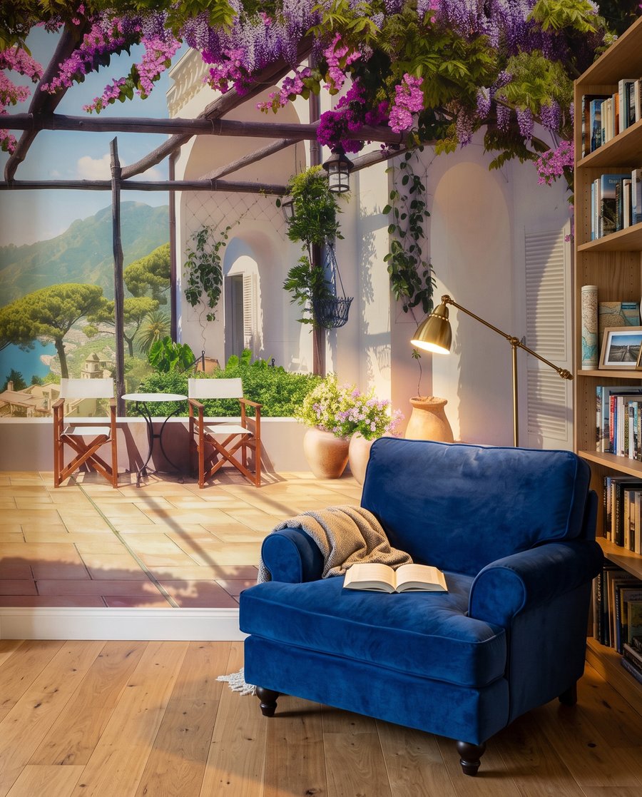 Sotto la pergola fiorita in un ambiente