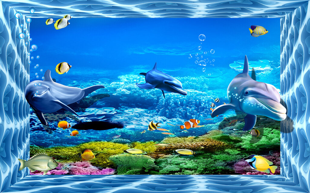 Delfini e pesci colorati — design completo