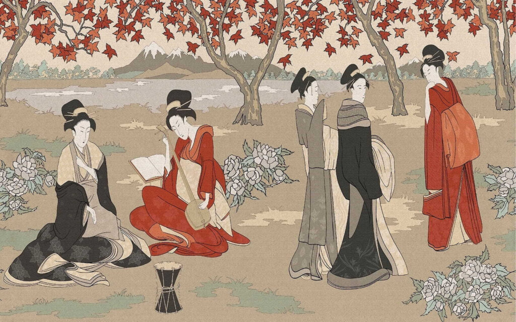 Donne sotto alberi rossi — design completo