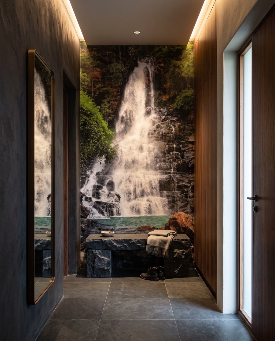Cascata tra rocce scure in un ambiente