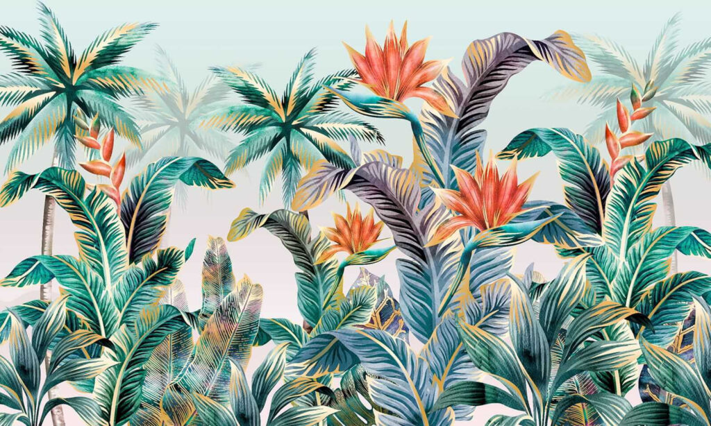 Foglie tropicali con fiori — design completo