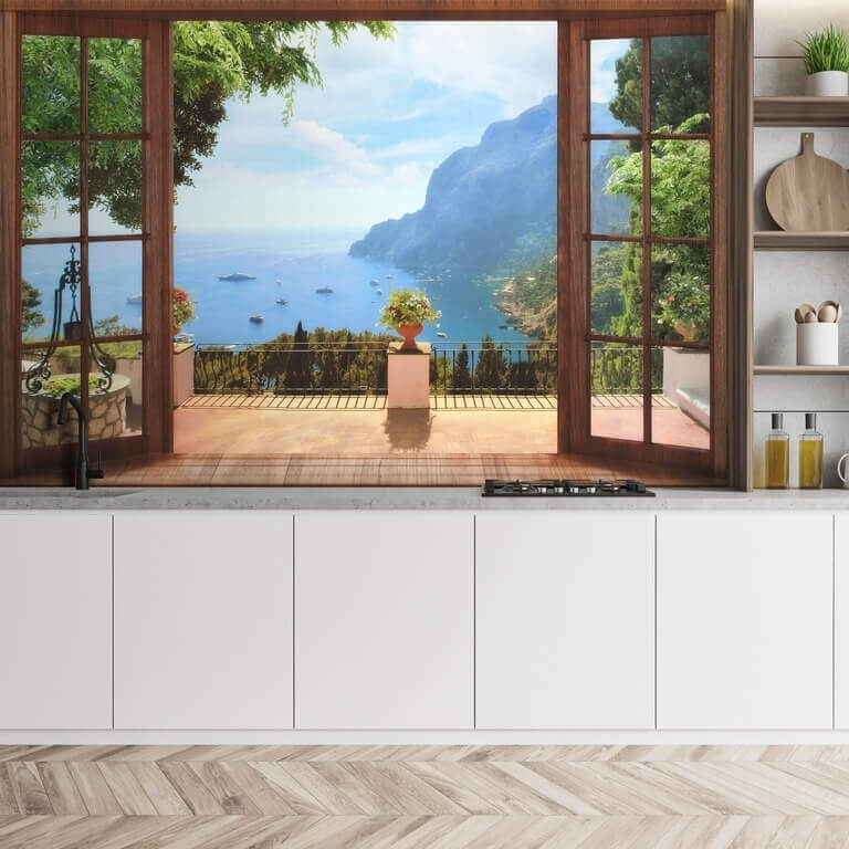 Porta sul lago azzurro in un ambiente