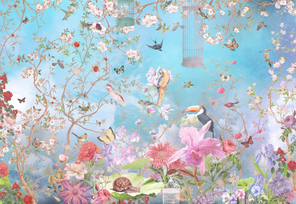 Giardino fiorito con uccelli — design completo