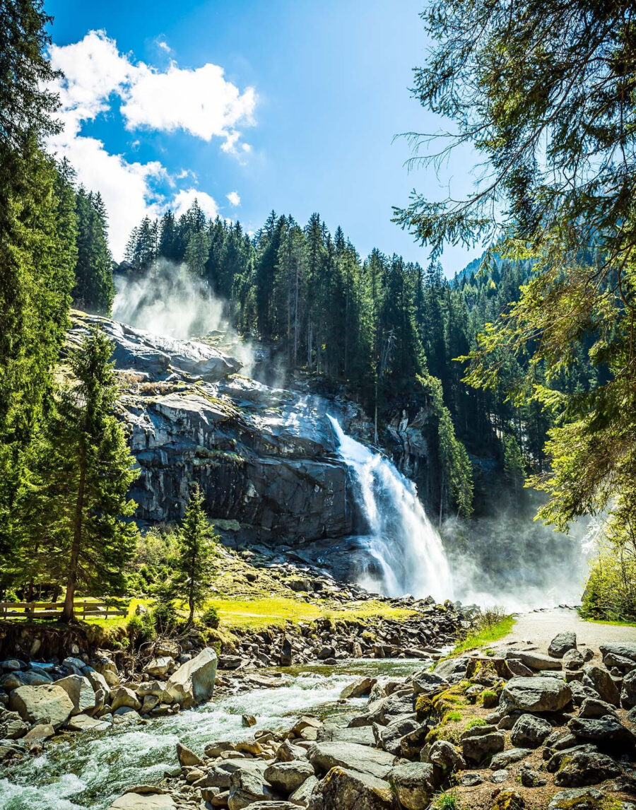 Cascata tra pini soleggiati — design completo