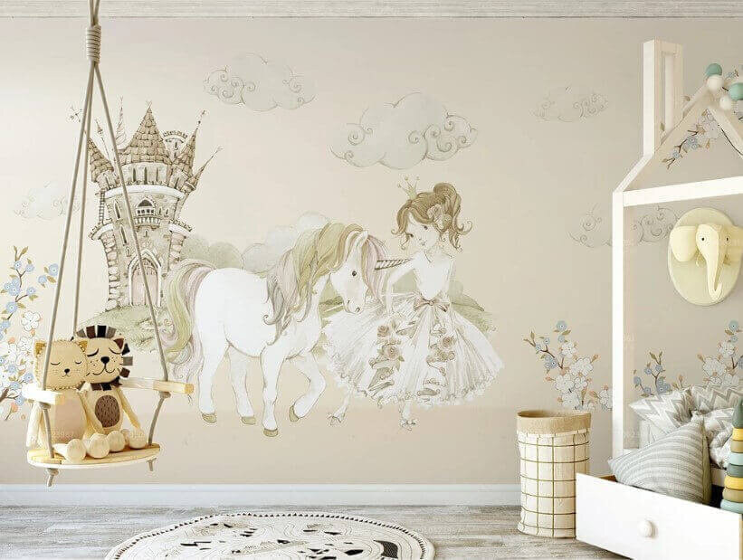 Principessa con l’unicorno in un ambiente