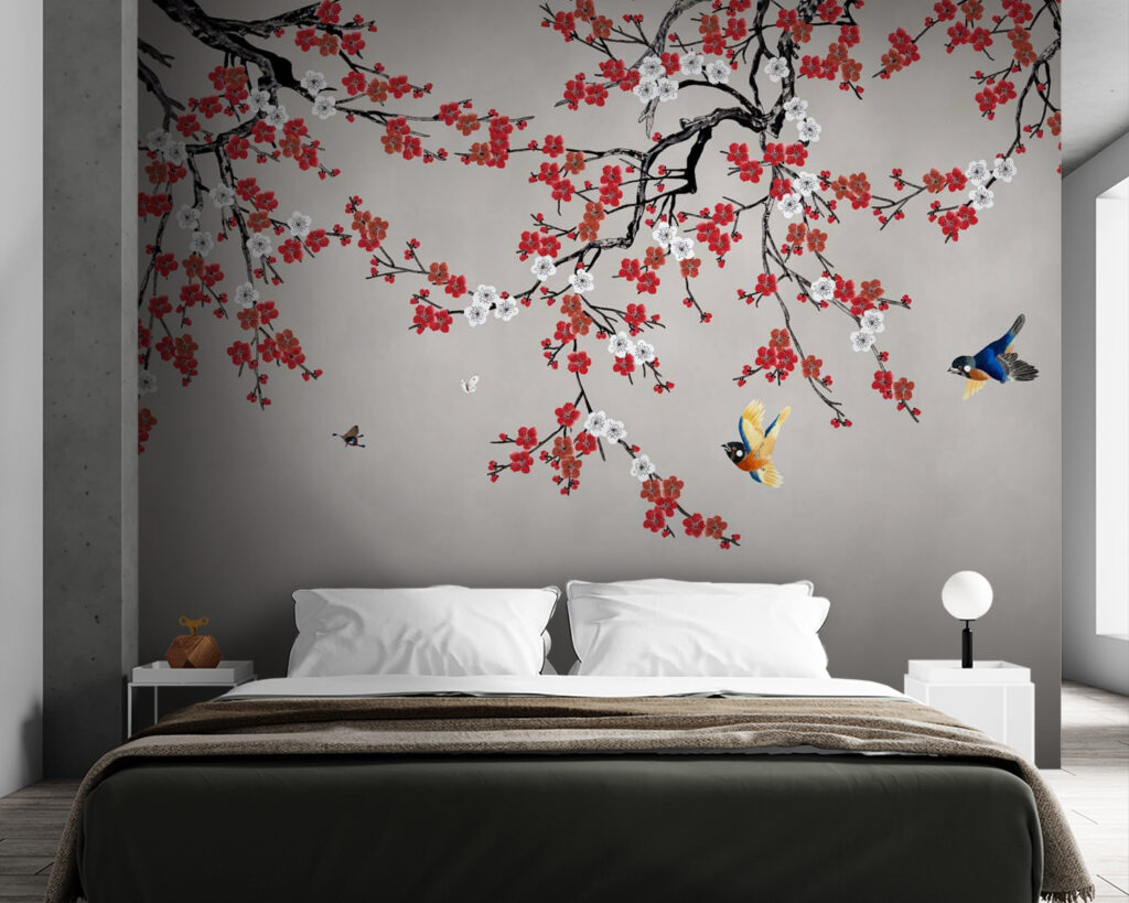 Uccelli sotto fiori rossi — ambiente 2