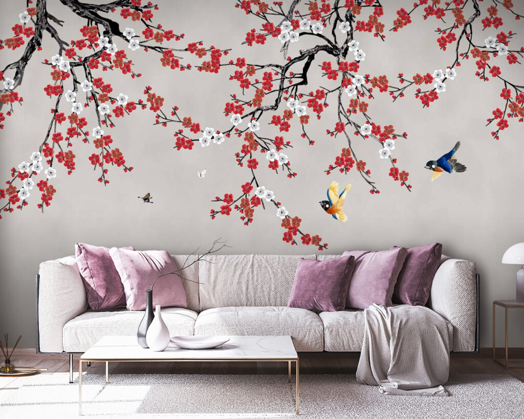 Uccelli sotto fiori rossi — ambiente 1