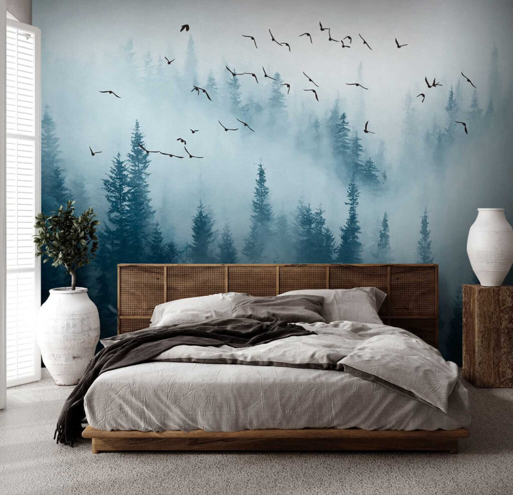 Volo tra pini blu — ambiente 2