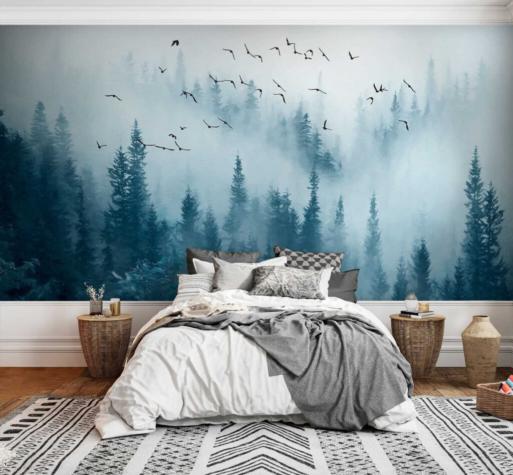 Volo tra pini blu — ambiente 3
