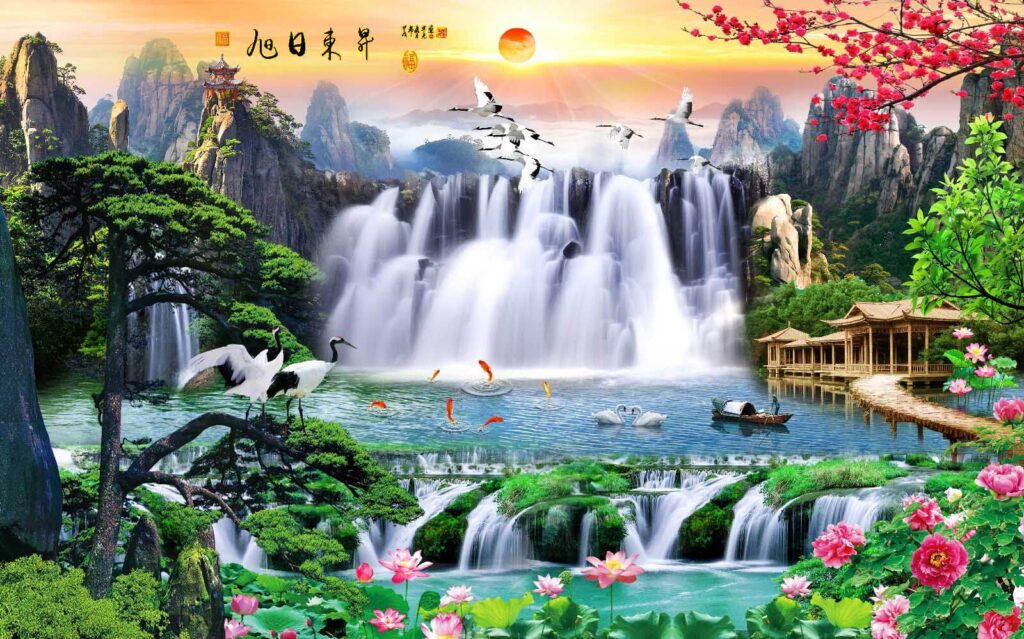 Gru presso le cascate — design completo