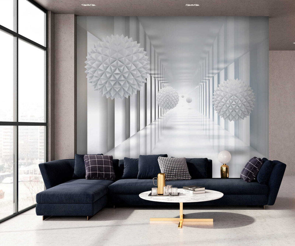 Sfere sfaccettate tra colonne — ambiente 6