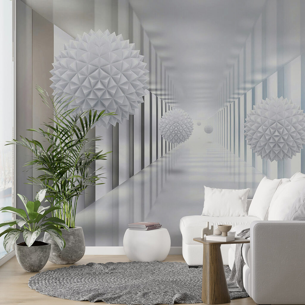 Sfere sfaccettate tra colonne — ambiente 10