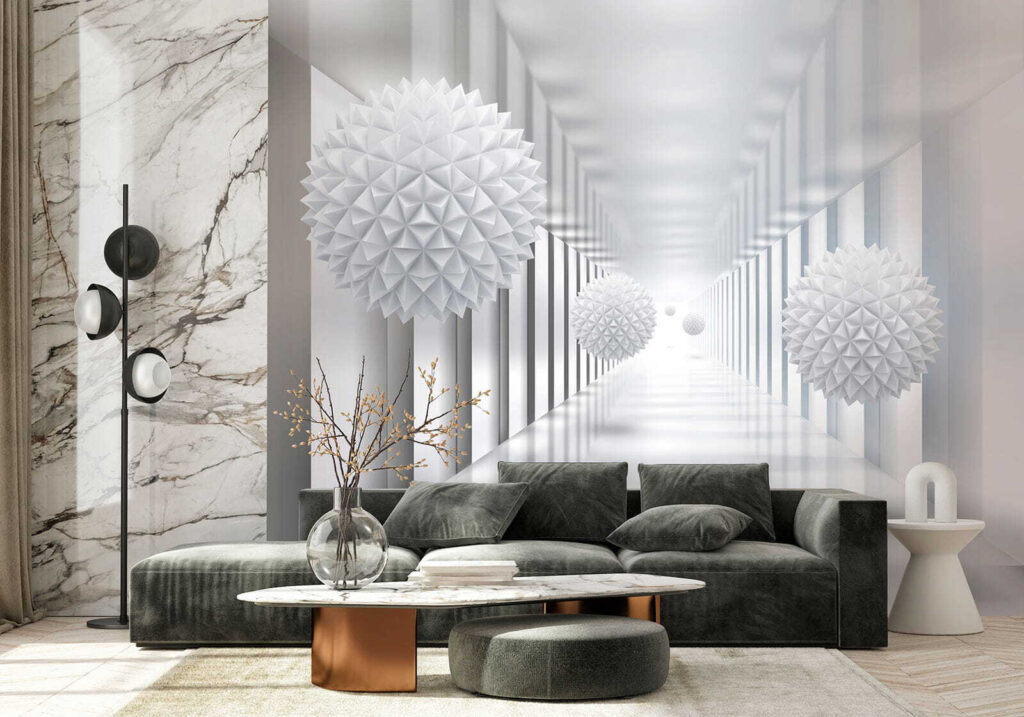 Sfere sfaccettate tra colonne — ambiente 1