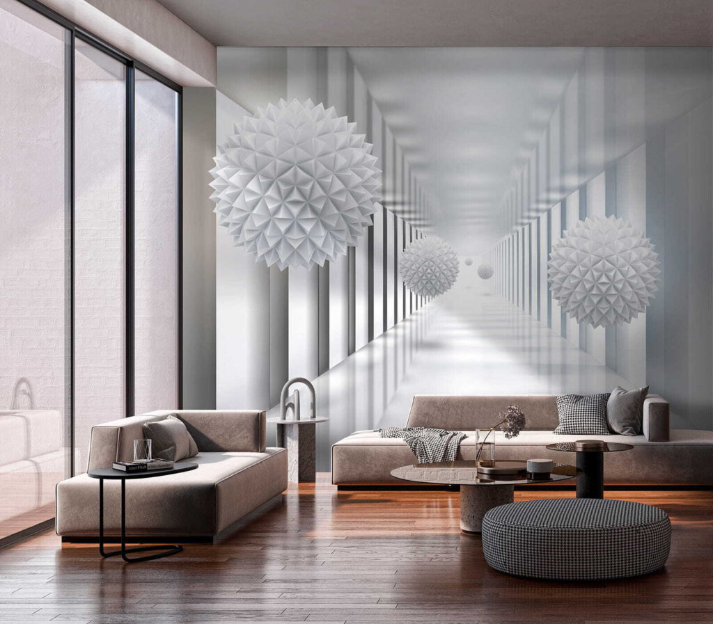 Sfere sfaccettate tra colonne — ambiente 8