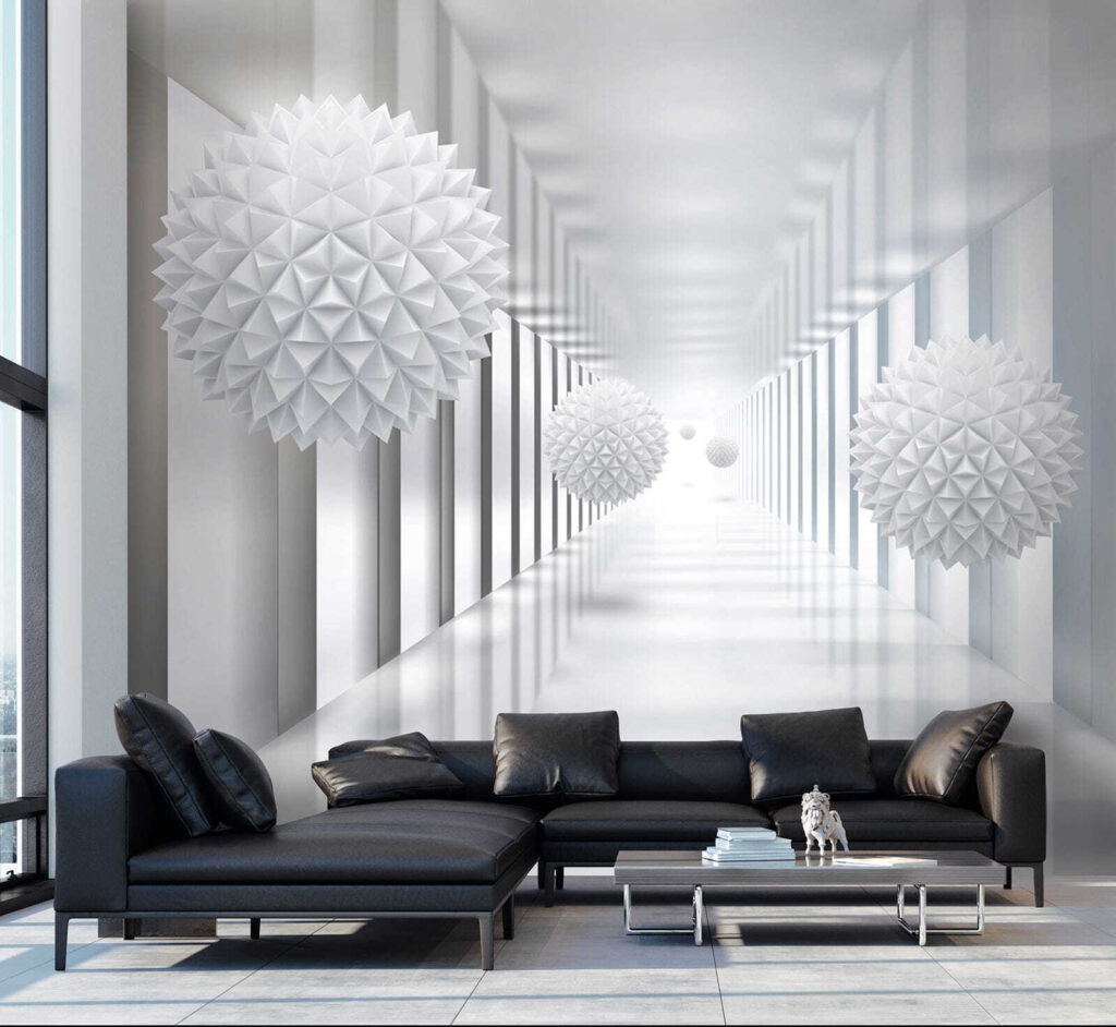Sfere sfaccettate tra colonne — ambiente 9