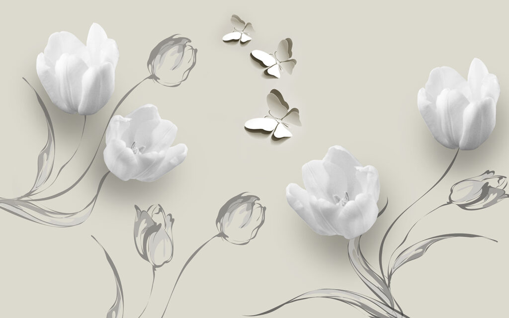 Tulipani bianchi e farfalle — design completo