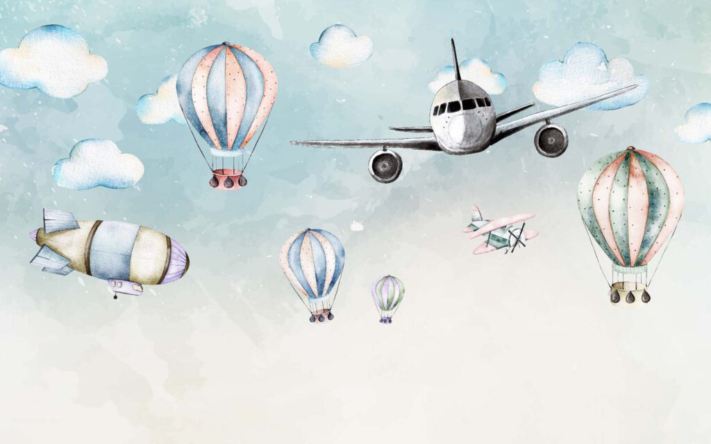 Aereo tra palloncini pastello — design completo