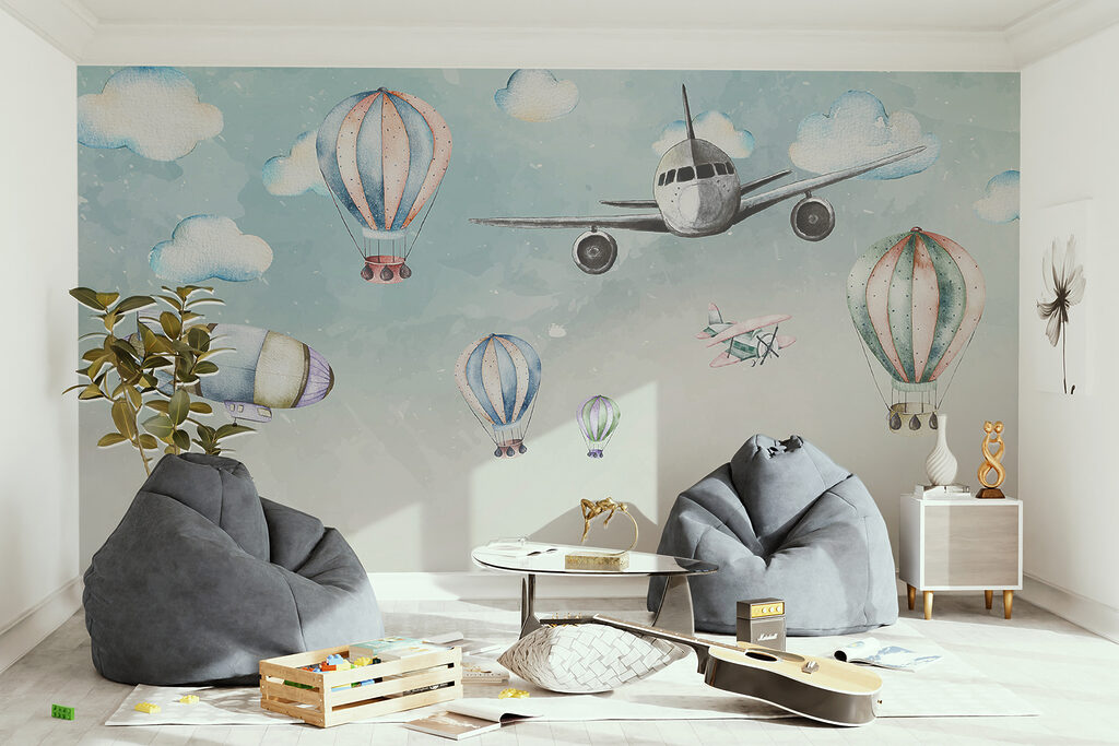Aereo tra palloncini pastello — ambiente 3