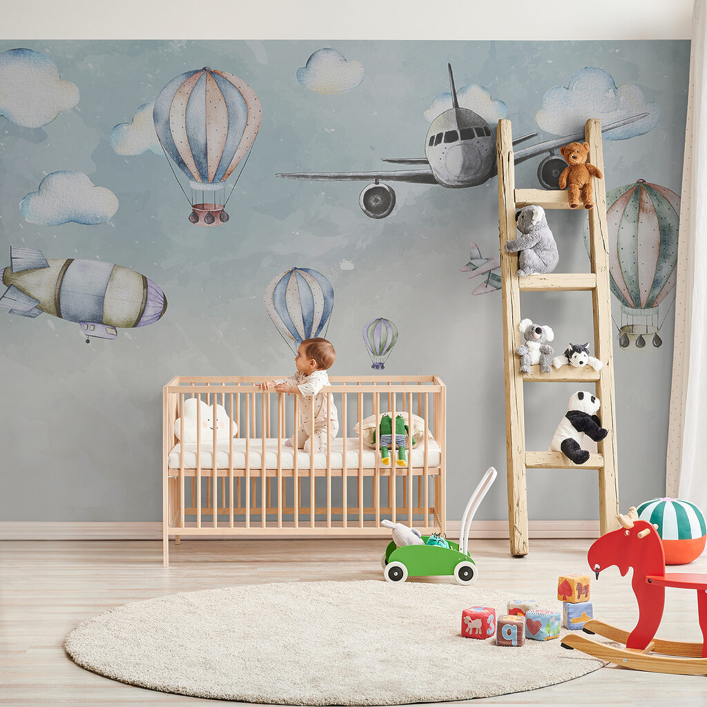 Aereo tra palloncini pastello — ambiente 2