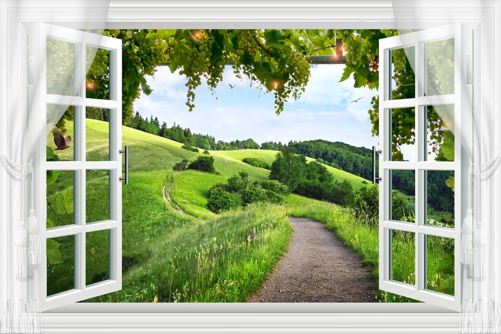 Finestra sulle colline verdi — design completo