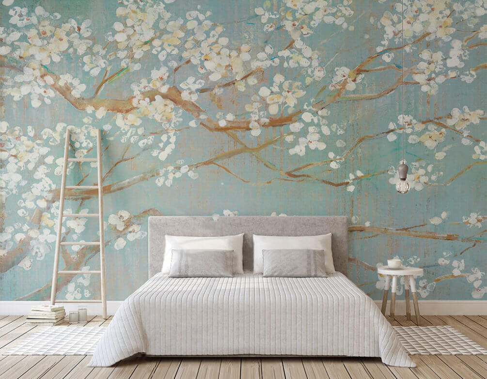Fiori bianchi su turchese in un ambiente