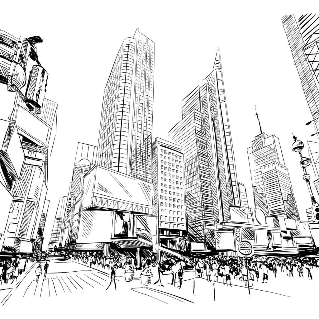 Città in linee nere — design completo