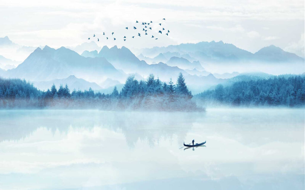 Barca sul lago blu — design completo