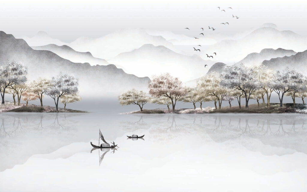 Barche sul lago nebbioso — design completo