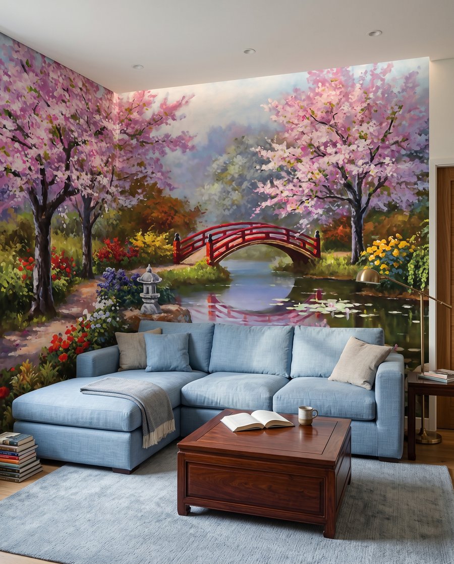 Ponte rosso in fiore in un ambiente