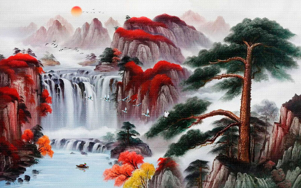 Cascata tra rocce rosse — design completo
