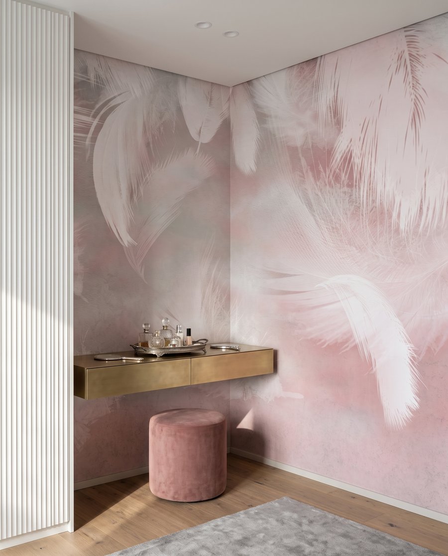 Piume rosa che scendono in un ambiente