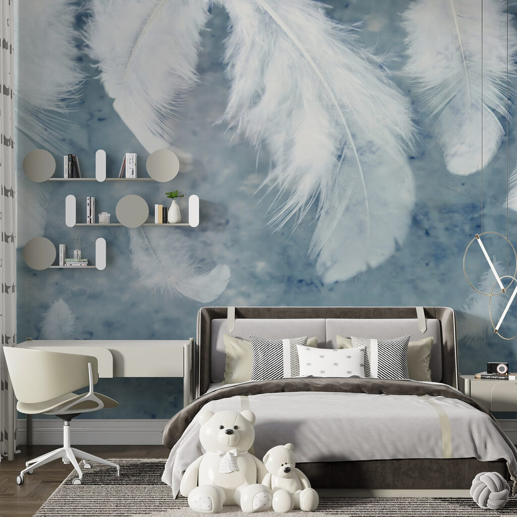 Piume bianche su grigio-azzurro — ambiente 3