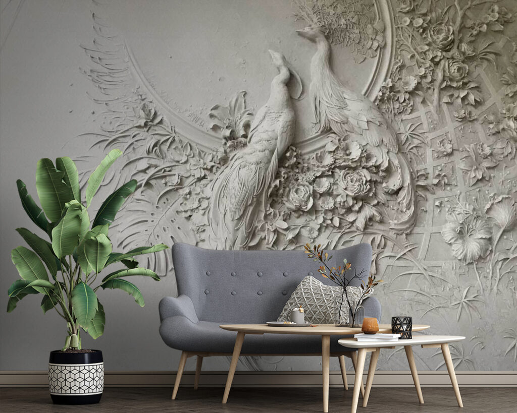 Pavone tra ornamenti floreali — ambiente 3