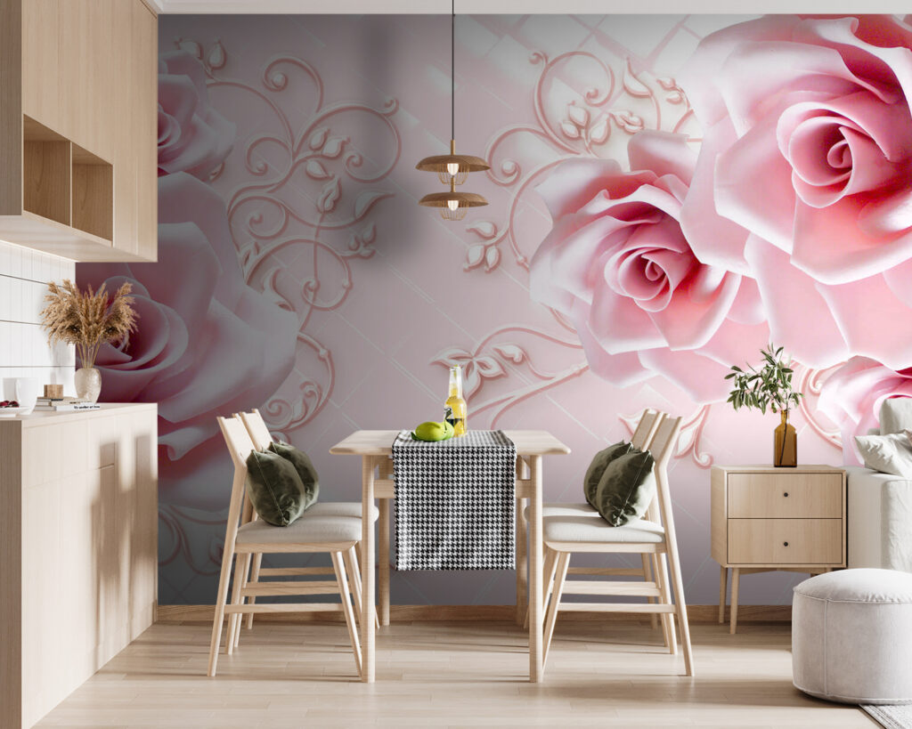 Rose rosa tra ornamenti in un ambiente