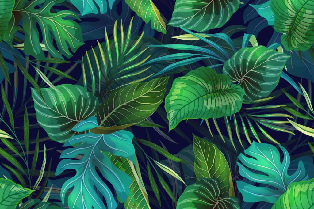 Foglie tropicali su blu — design completo