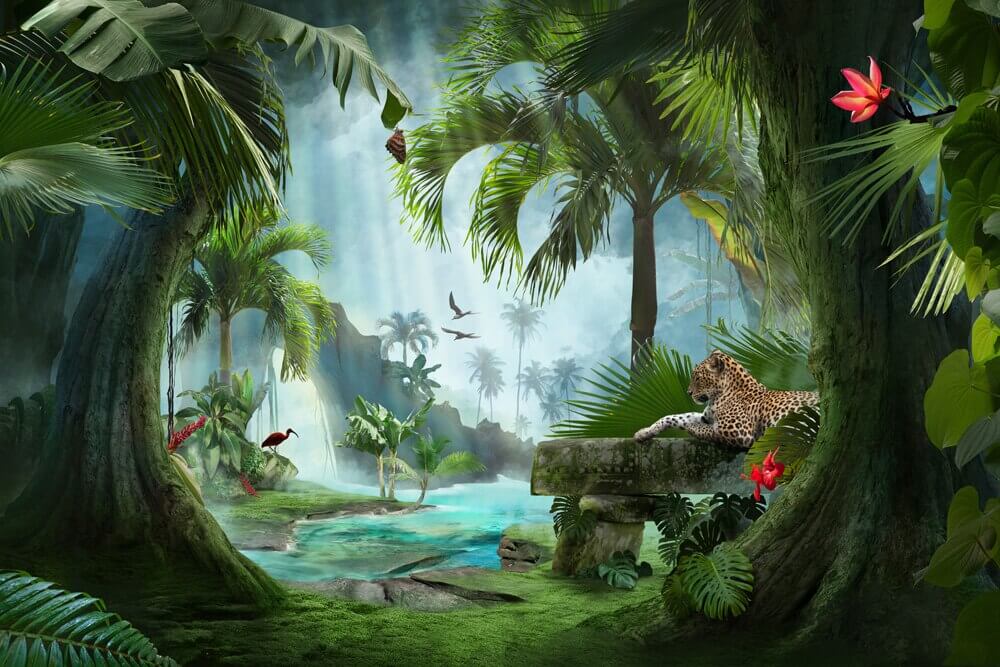 Valle tropicale tra tronchi — design completo