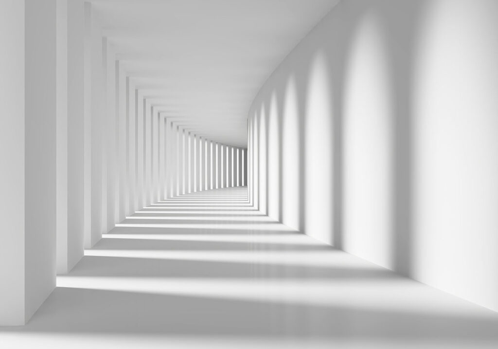 Corridoio bianco e ombre — design completo