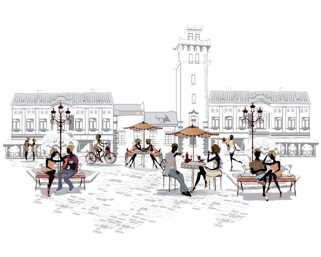 Piazza disegnata con figure — design completo