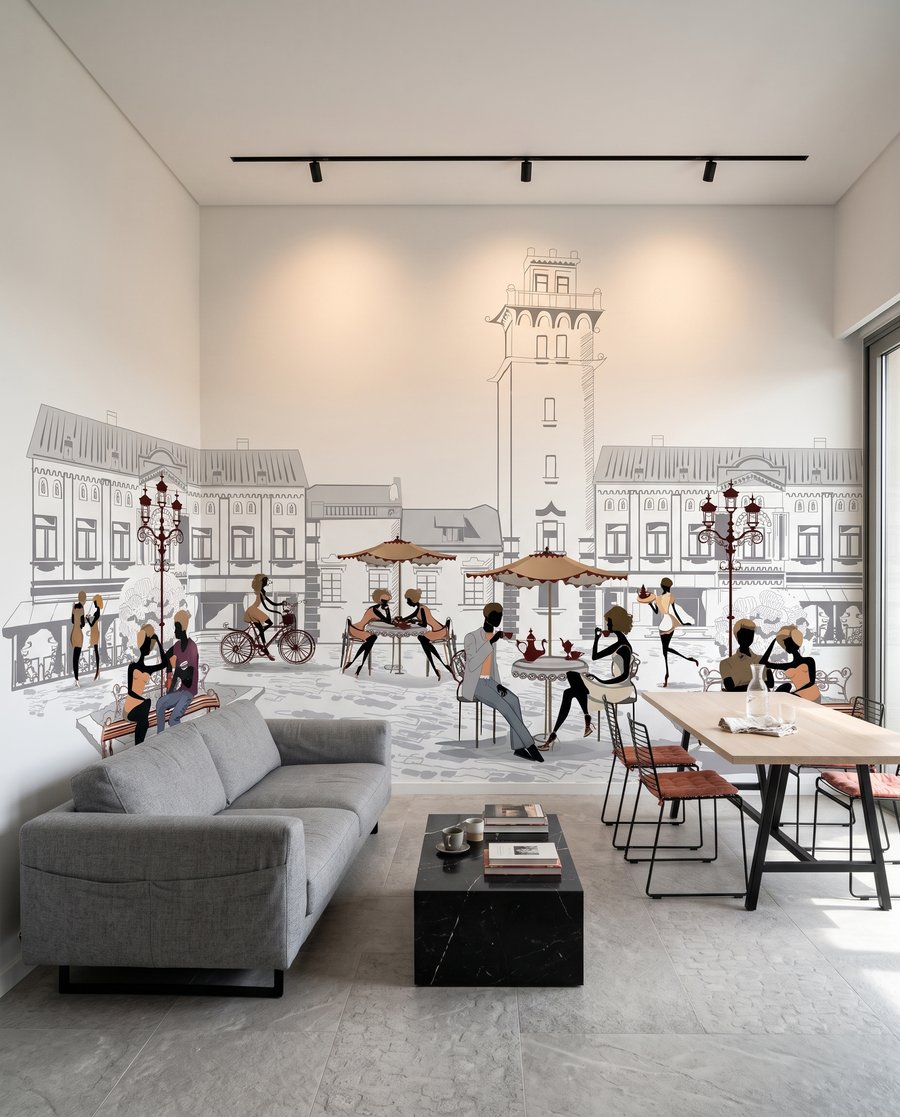 Piazza disegnata con figure in un ambiente