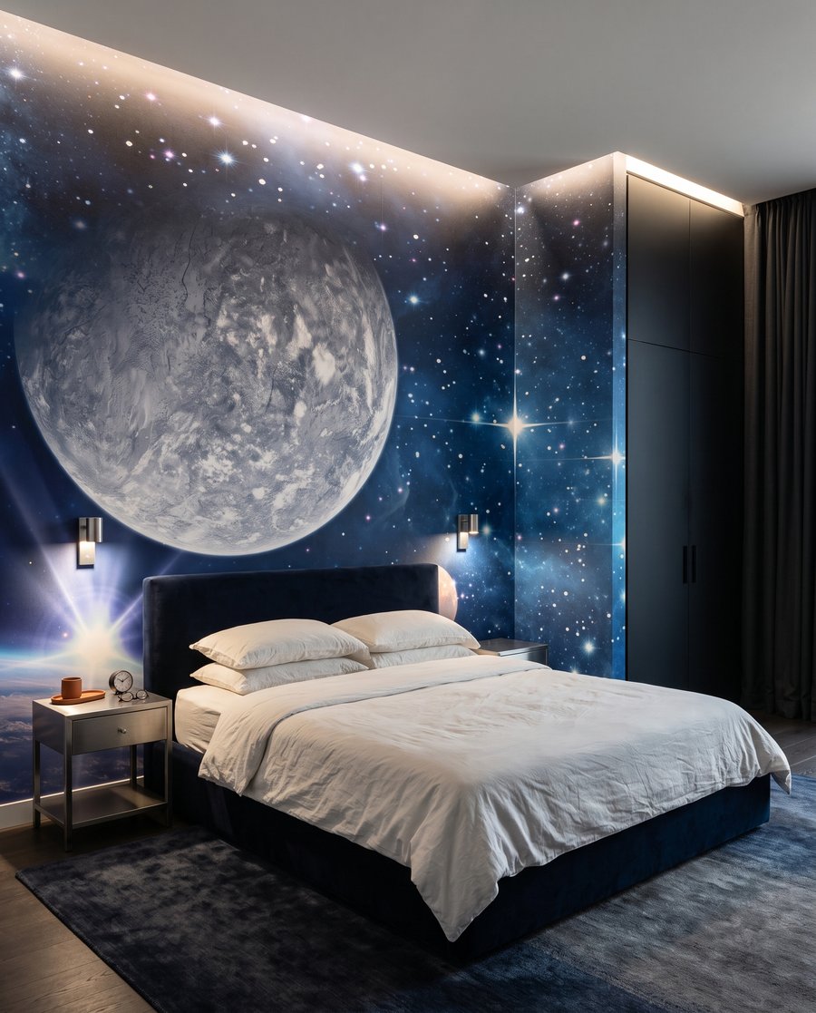 Luna tra stelle blu in un ambiente