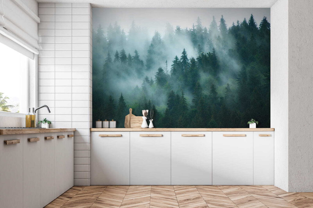 Nebbia tra le conifere — ambiente 8