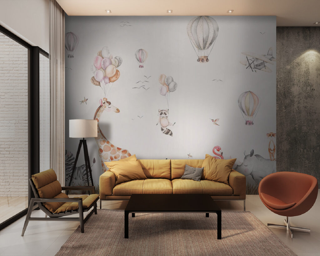 Animali tra i palloncini in un ambiente