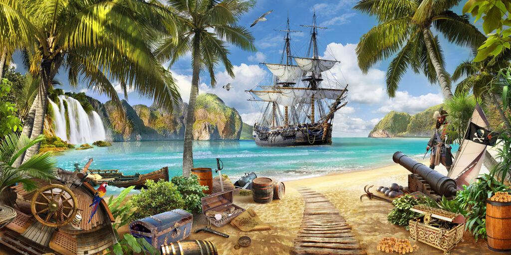 Nave pirata in baia — design completo