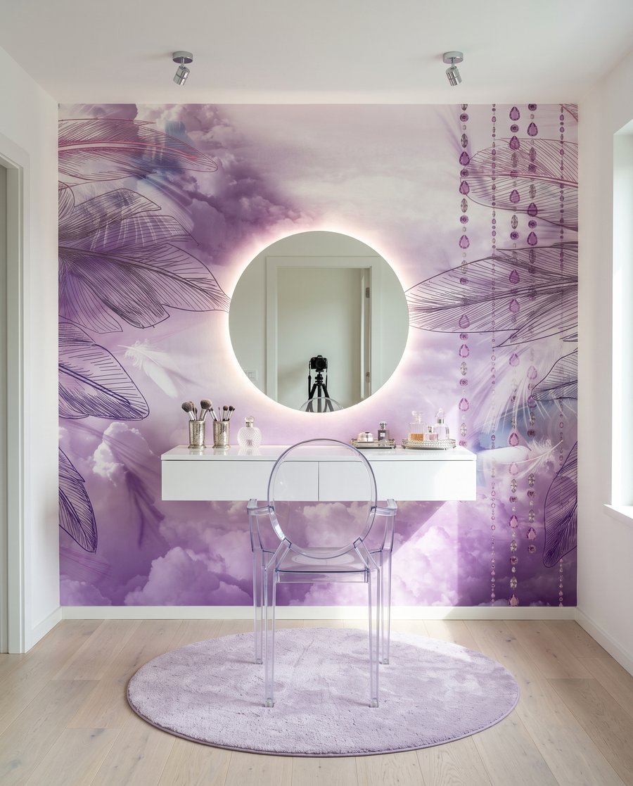 Altalena viola tra piume — ambiente 8