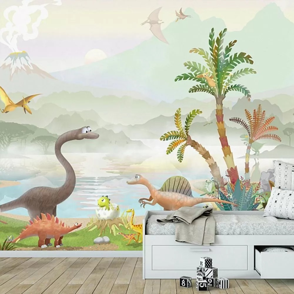 Dinosauri sul lago tropicale in un ambiente