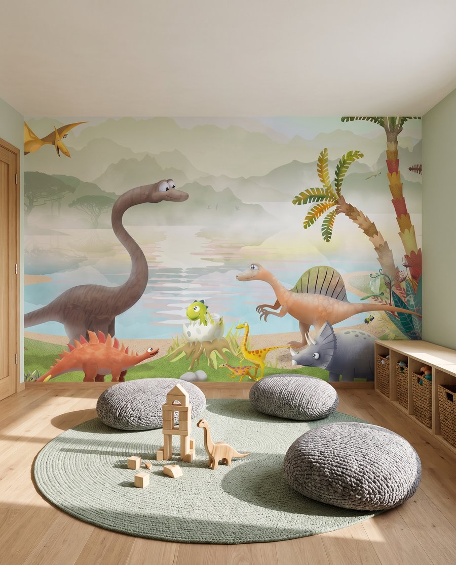 Dinosauri sul lago tropicale in un ambiente