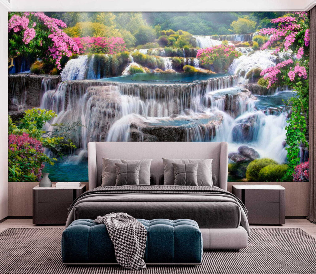 Cascata tra arbusti rosa — ambiente 3