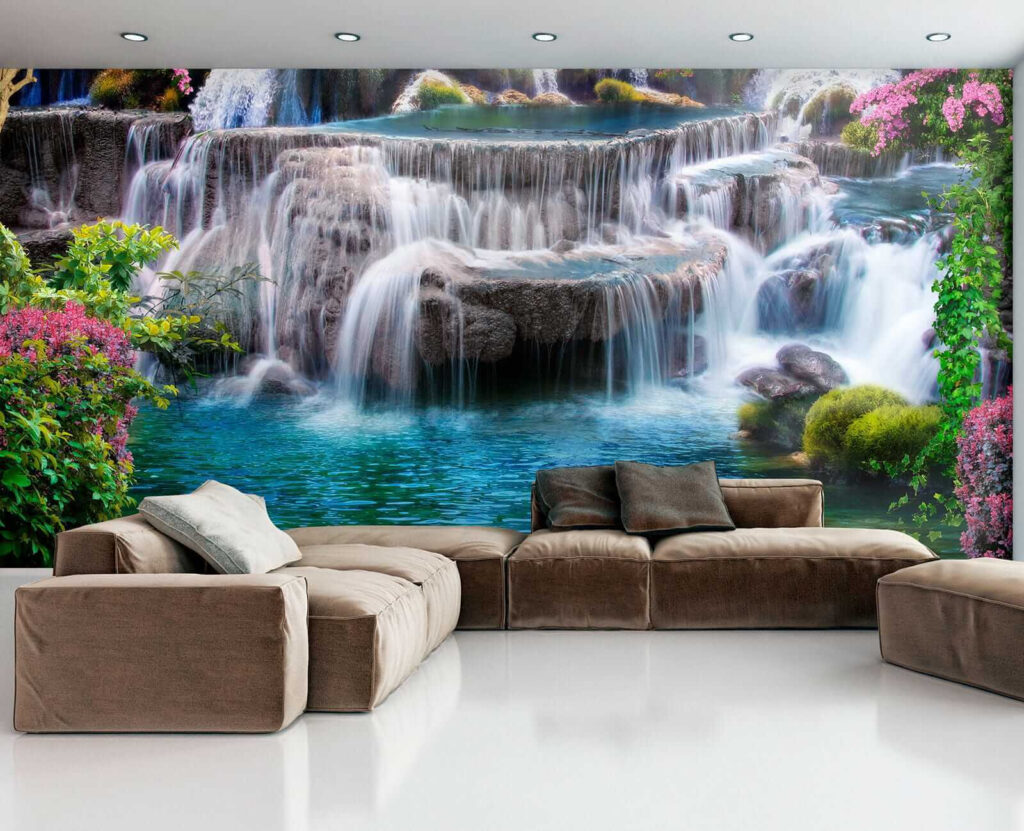 Cascata tra arbusti rosa — ambiente 6