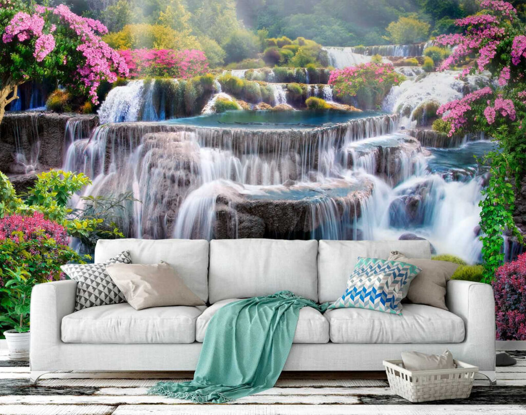 Cascata tra arbusti rosa — ambiente 8